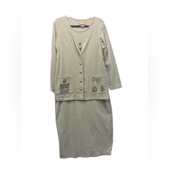 Vintage Blue Cactus Maxi Dress w/Vest Size L Green Long Sleeve Lagenlook‎ Artsy - Picture 1 of 7